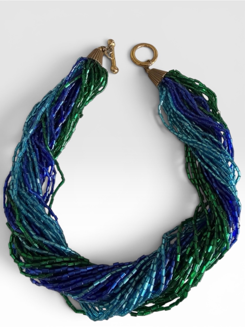 Multi Strand Seed Bead Collar Necklace Teal Blue Green Gold Tone